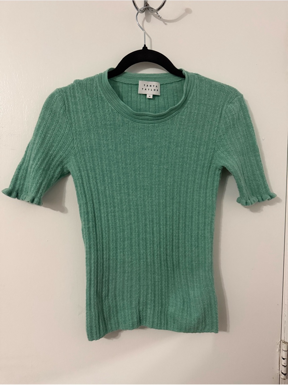 Tanya Taylor Merino Wool ribbed textured Sweater with lettuce-edge sleeves SZ M